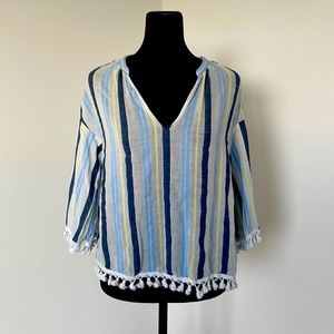 Vince Camuto Blue and Yellow Vertical Stripe 3/4 Sleeve Tassel Blouse Size XS